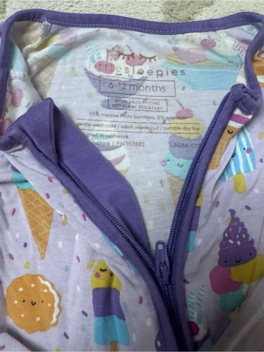 Little Sleepies 6-12 months Ice Cream Zippie Convertible hands and feet. VGUC